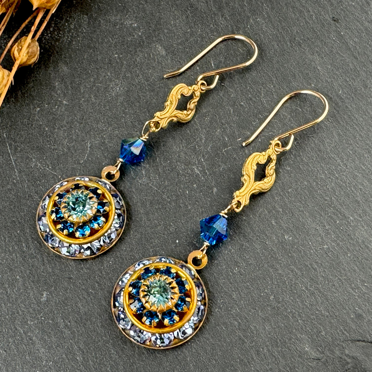 Vintage Blue Swarovski Crystal Domed Earrings in 14K Gold Fill