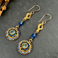 Vintage Blue Swarovski Crystal Domed Earrings in 14K Gold Fill