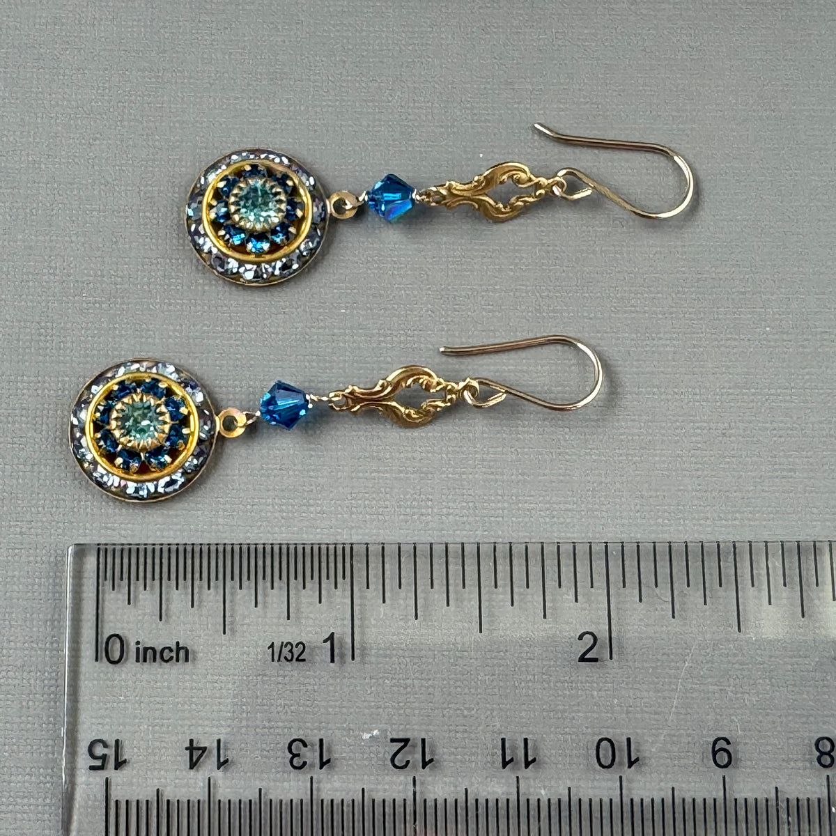 Vintage Blue Swarovski Crystal Domed Earrings in 14K Gold Fill