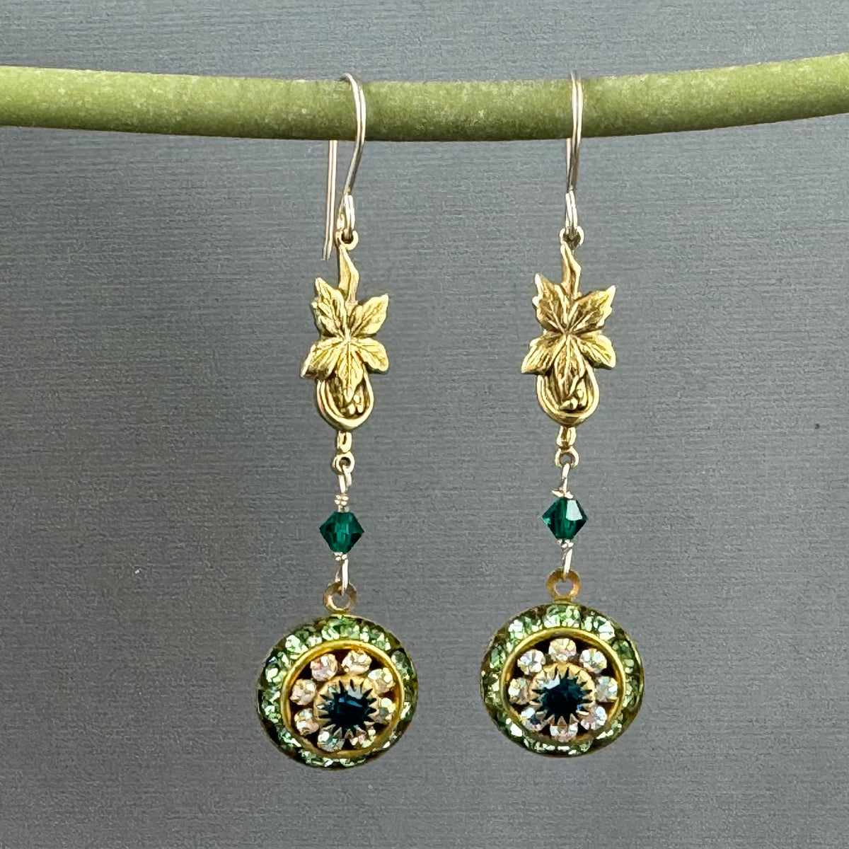 Vintage Green Swarovski Crystal Domed Earrings in 14K Gold Fill