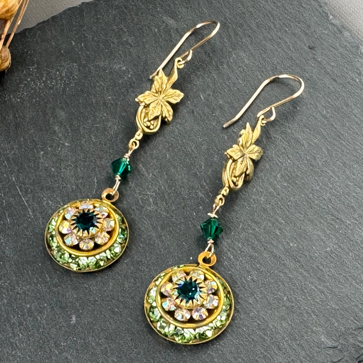 Vintage Green Swarovski Crystal Domed Earrings in 14K Gold Fill