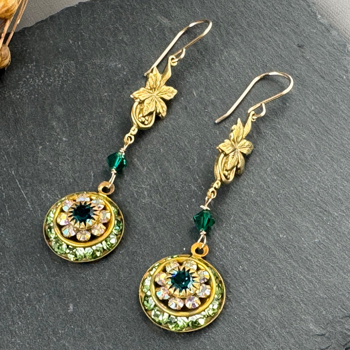 Vintage Green Swarovski Crystal Domed Earrings in 14K Gold Fill