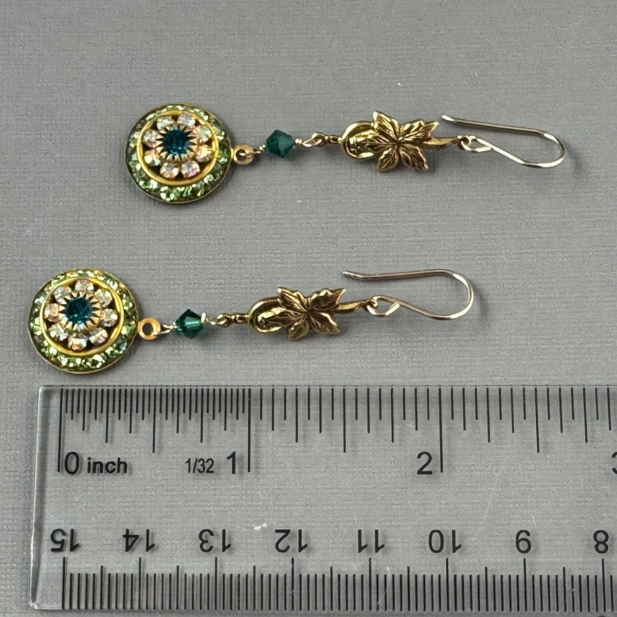 Vintage Green Swarovski Crystal Domed Earrings in 14K Gold Fill