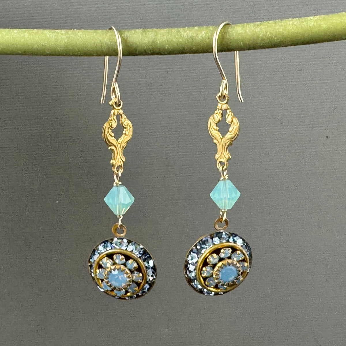 Vintage Blue Opal Swarovski Crystal Domed Earrings in 14K Gold Fill