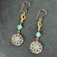 Vintage Blue Opal Swarovski Crystal Domed Earrings in 14K Gold Fill