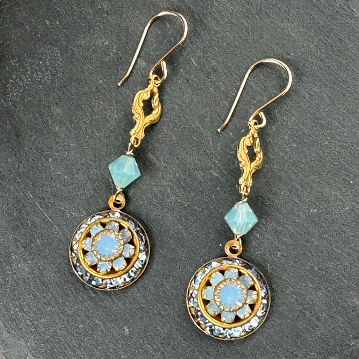 Vintage Blue Opal Swarovski Crystal Domed Earrings in 14K Gold Fill