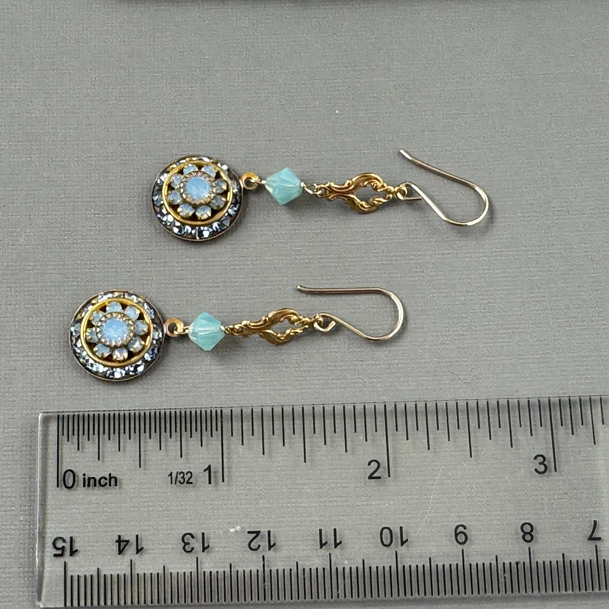 Vintage Blue Opal Swarovski Crystal Domed Earrings in 14K Gold Fill