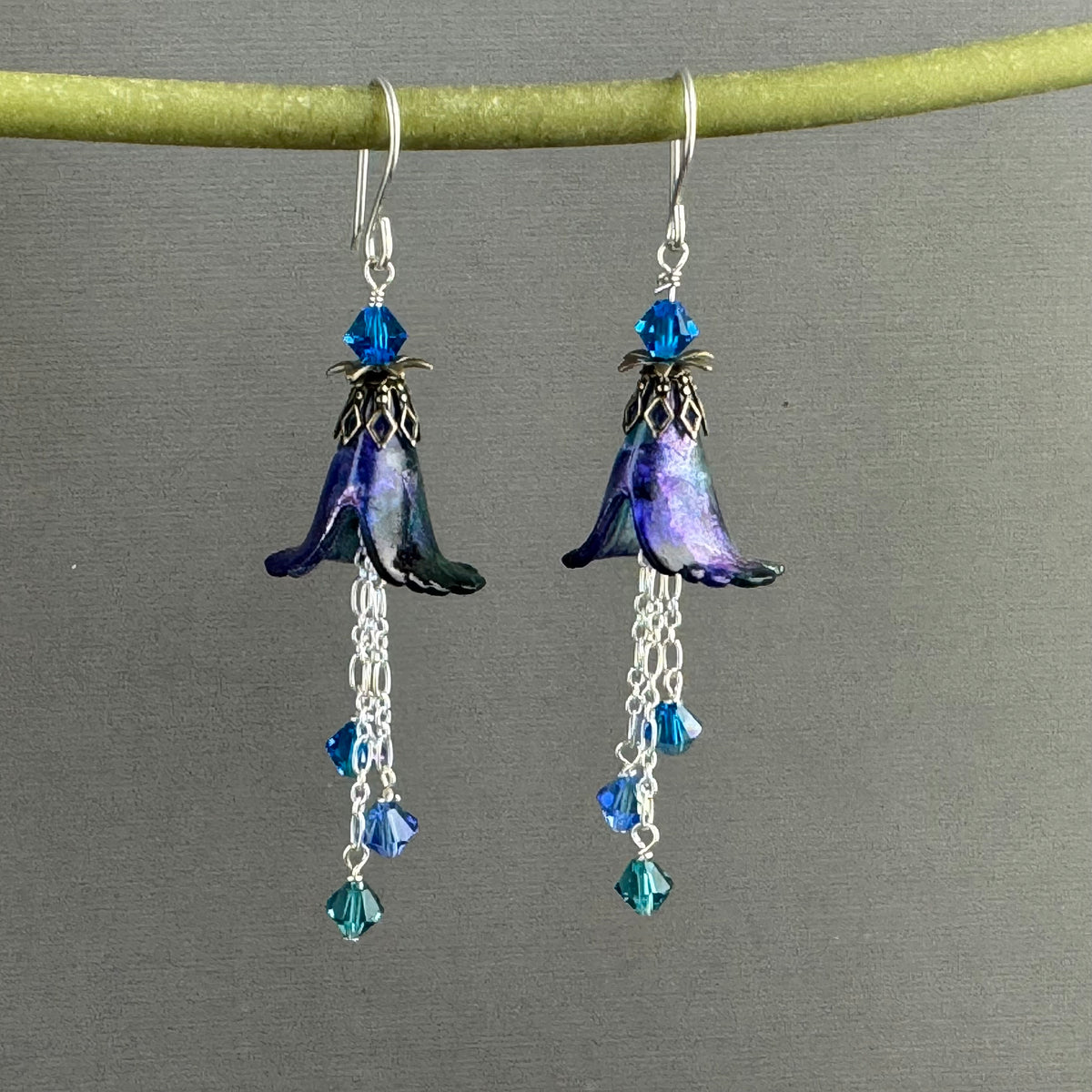 Hand Painted Violet, Blue and Green Lucite Flower Earrings in Sterling Silver