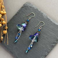 Hand Painted Violet, Blue and Green Lucite Flower Earrings in Sterling Silver