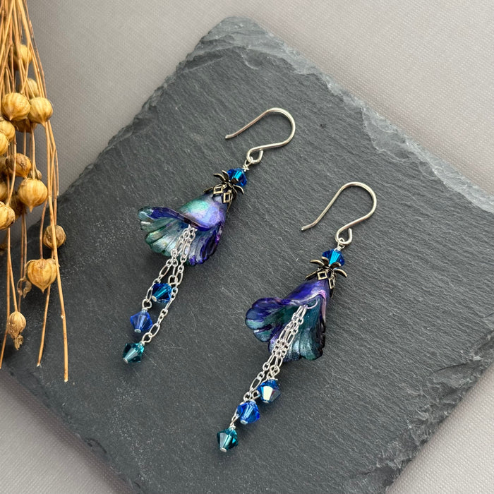 Hand Painted Violet, Blue and Green Lucite Flower Earrings in Sterling Silver
