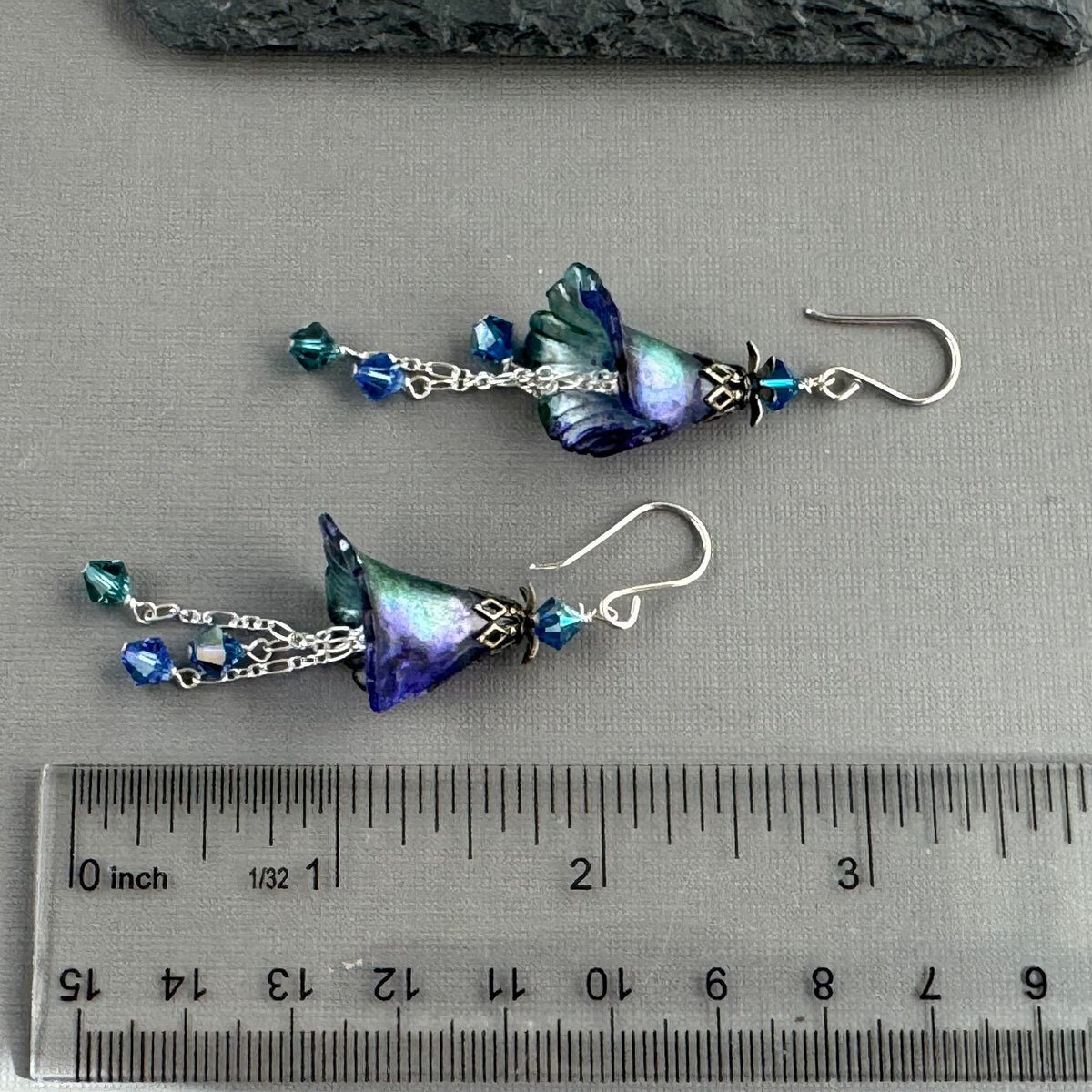 Hand Painted Violet, Blue and Green Lucite Flower Earrings in Sterling Silver