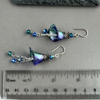Hand Painted Violet, Blue and Green Lucite Flower Earrings in Sterling Silver