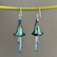 Hand Painted Violet, Blue and Green Lucite Flower Earrings in Sterling Silver