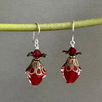 Large Red and Clear Czech Glass Bicone Earrings in Sterling Silver