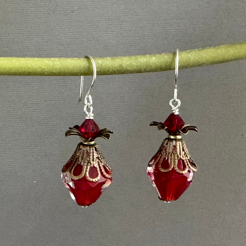 Large Red and Clear Czech Glass Bicone Earrings in Sterling Silver