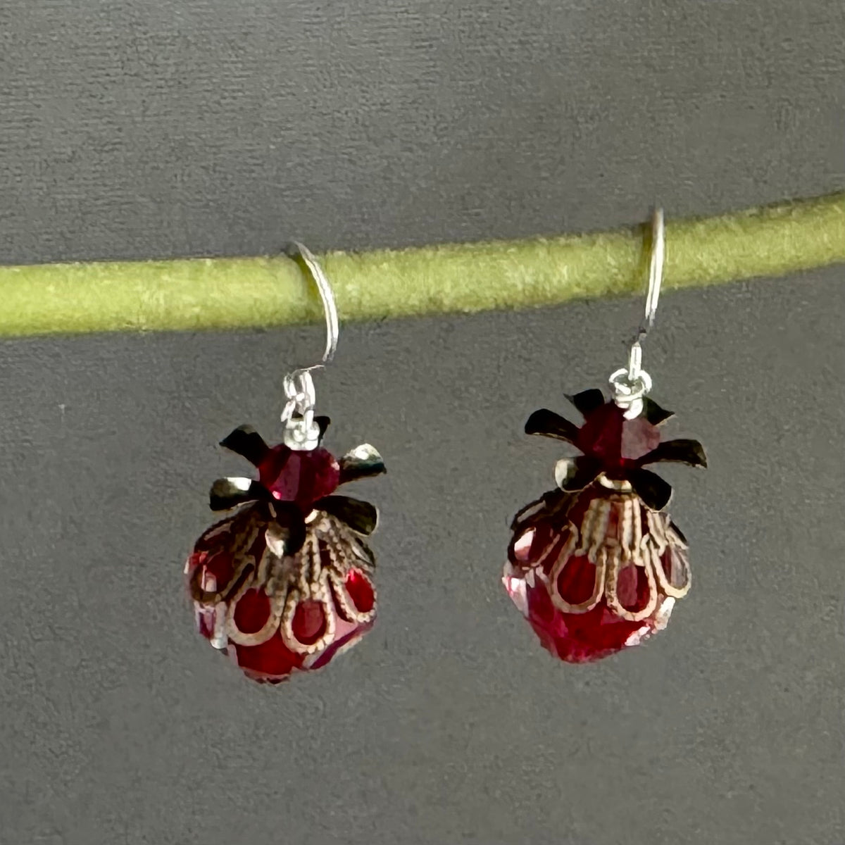 Large Red and Clear Czech Glass Bicone Earrings in Sterling Silver