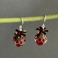 Large Red and Clear Czech Glass Bicone Earrings in Sterling Silver