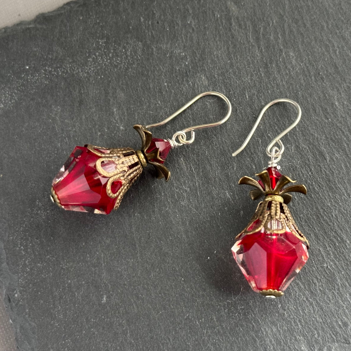 Large Red and Clear Czech Glass Bicone Earrings in Sterling Silver