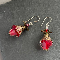 Large Red and Clear Czech Glass Bicone Earrings in Sterling Silver