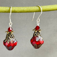 Red Czech Glass Bicone Earrings in Sterling Silver