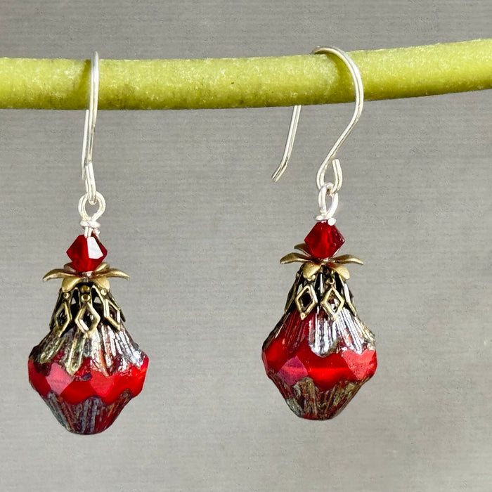 Red Czech Glass Bicone Earrings in Sterling Silver