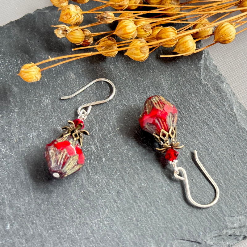 Red Czech Glass Bicone Earrings in Sterling Silver