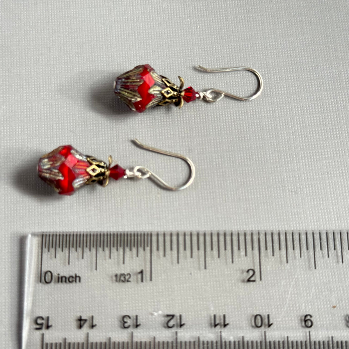 Red Czech Glass Bicone Earrings in Sterling Silver