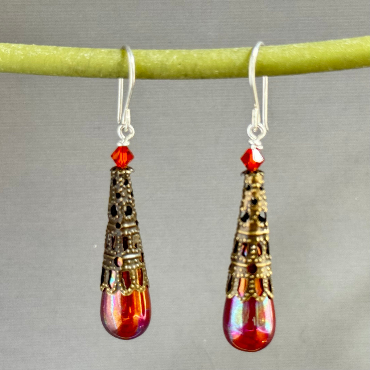 Victorian Autumn Czech Glass Drops with Brass Filigree Components in Sterling Silver