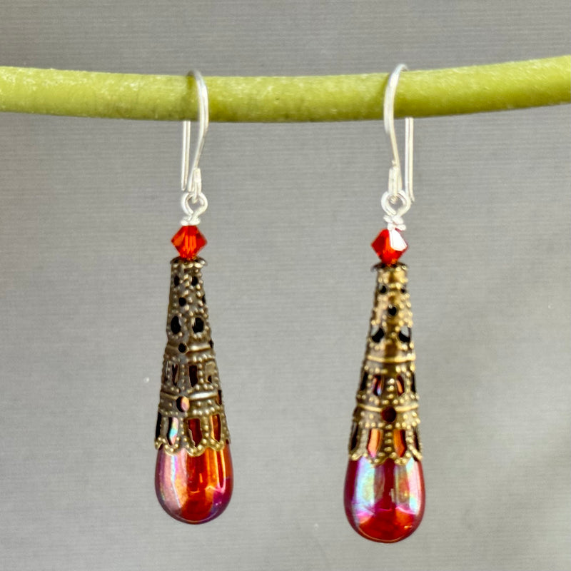 Victorian Autumn Czech Glass Drops with Brass Filigree Components in Sterling Silver