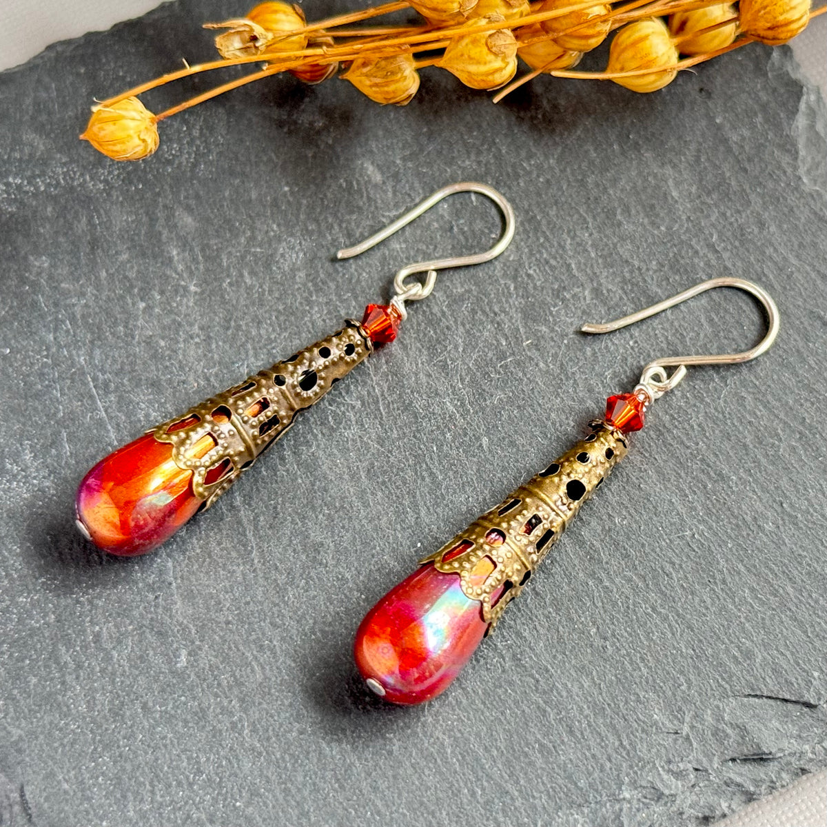 Victorian Autumn Czech Glass Drops with Brass Filigree Components in Sterling Silver