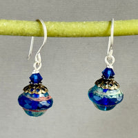 Indigo Blue Czech Glass Saturn Bead Earrings in Sterling Silver
