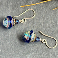 Indigo Blue Czech Glass Saturn Bead Earrings in Sterling Silver