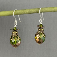 Large Green and Gold Czech Glass Firepolished Earrings in Sterling Silver