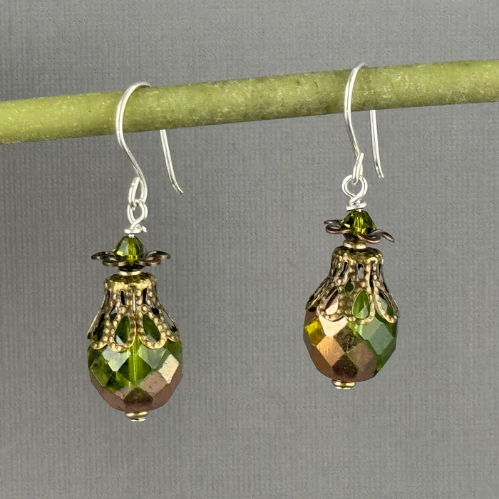 Large Green and Gold Czech Glass Firepolished Earrings in Sterling Silver