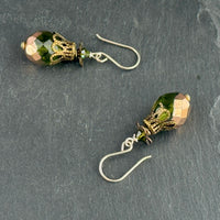 Large Green and Gold Czech Glass Firepolished Earrings in Sterling Silver