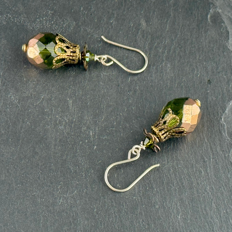 Large Green and Gold Czech Glass Firepolished Earrings in Sterling Silver