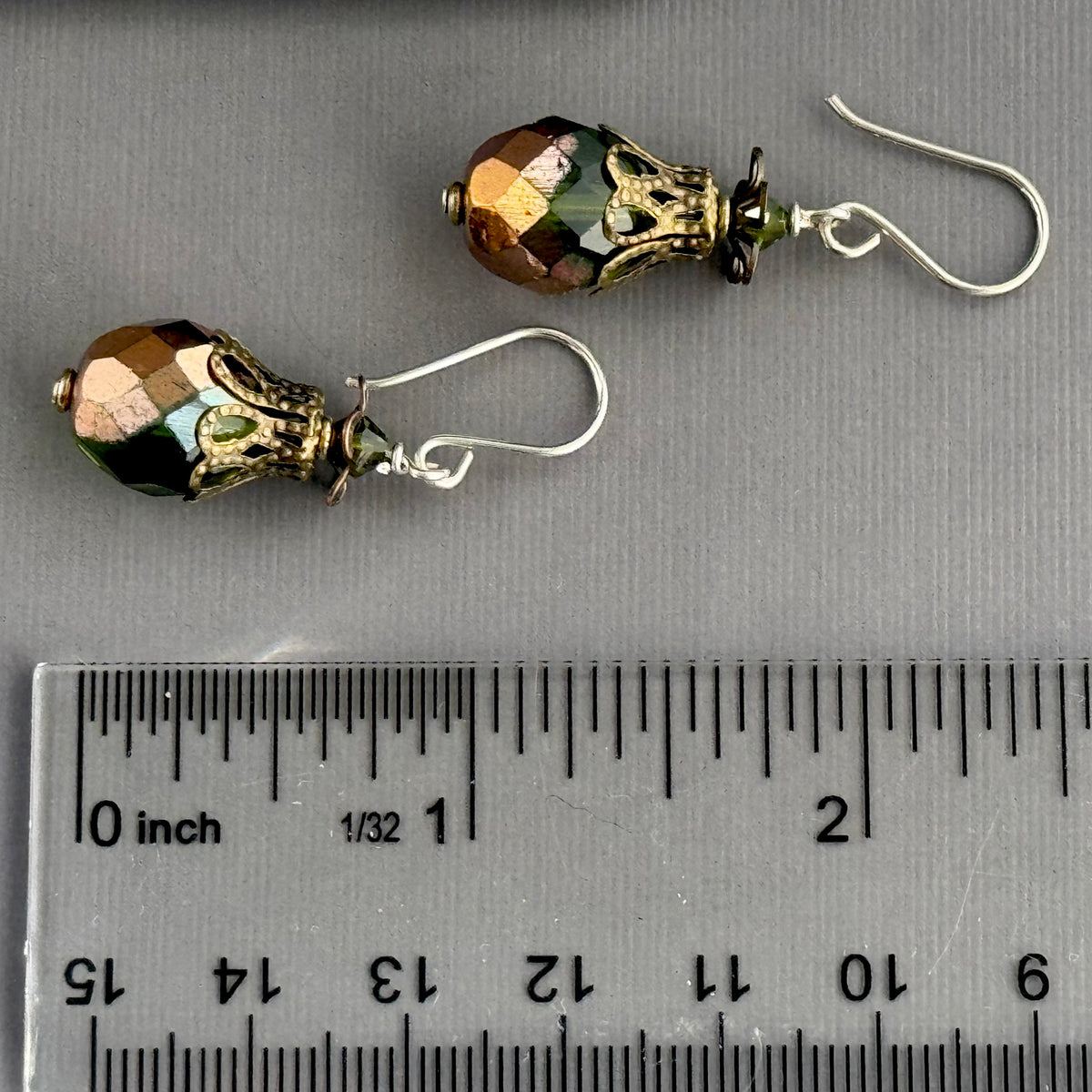 Large Green and Gold Czech Glass Firepolished Earrings in Sterling Silver