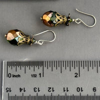Large Green and Gold Czech Glass Firepolished Earrings in Sterling Silver