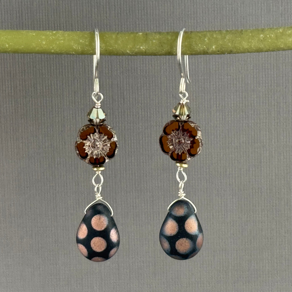 Czech Glass Hibiscus Flower and Polka Dot Drop Earrings in Sterling Silver
