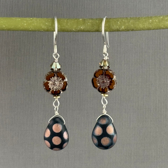 Czech Glass Hibiscus Flower and Polka Dot Drop Earrings in Sterling Silver
