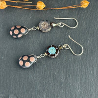 Czech Glass Hibiscus Flower and Polka Dot Drop Earrings in Sterling Silver