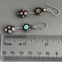 Czech Glass Hibiscus Flower and Polka Dot Drop Earrings in Sterling Silver