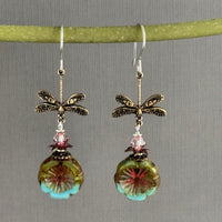 Czech Glass Sky Blue and Green Hawaiian Flower and Dragon Fly Earrings in Sterling Silver