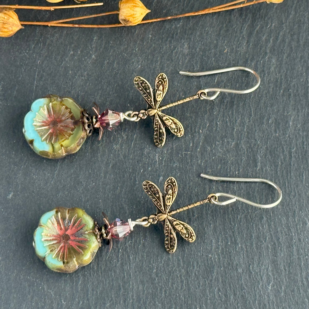 Czech Glass Sky Blue and Green Hawaiian Flower and Dragon Fly Earrings in Sterling Silver