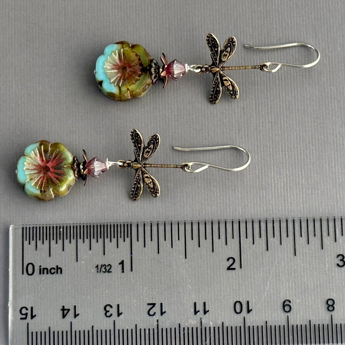 Czech Glass Sky Blue and Green Hawaiian Flower and Dragon Fly Earrings in Sterling Silver