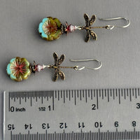Czech Glass Sky Blue and Green Hawaiian Flower and Dragon Fly Earrings in Sterling Silver