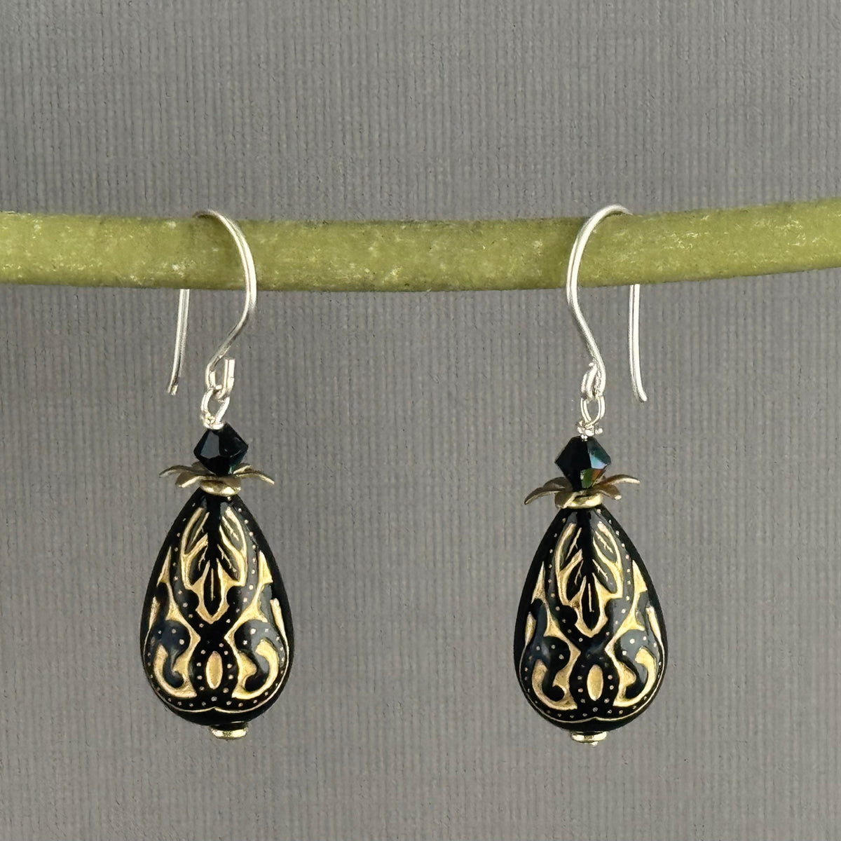 Black and Gold Acrylic Teardrop Earrings in Sterling Silver