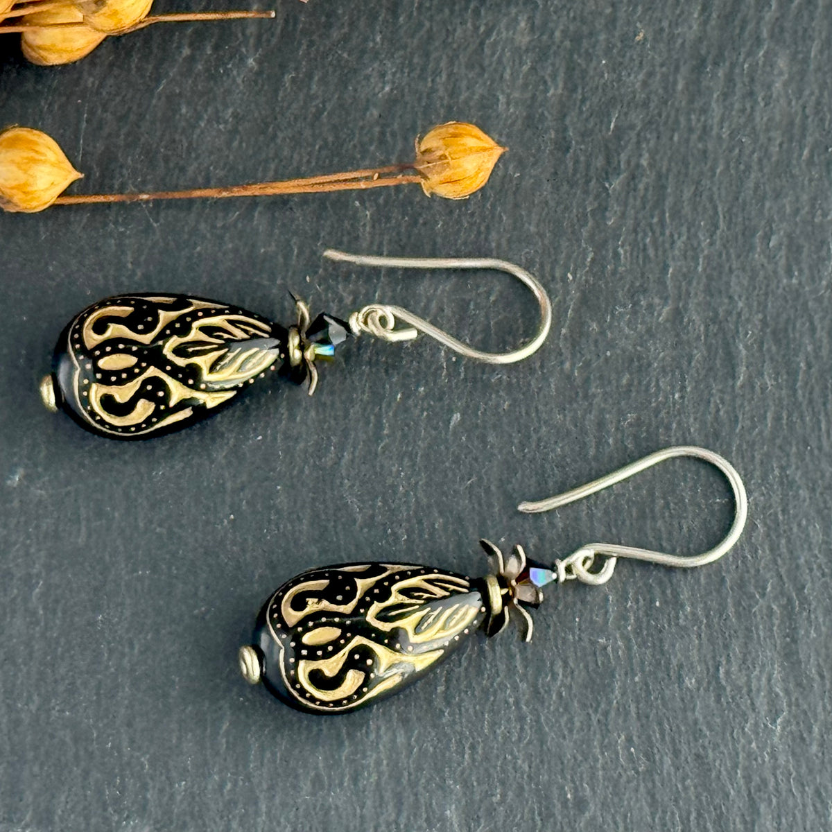 Black and Gold Acrylic Teardrop Earrings in Sterling Silver