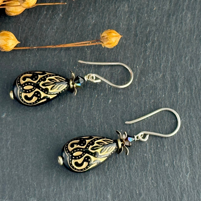 Black and Gold Acrylic Teardrop Earrings in Sterling Silver