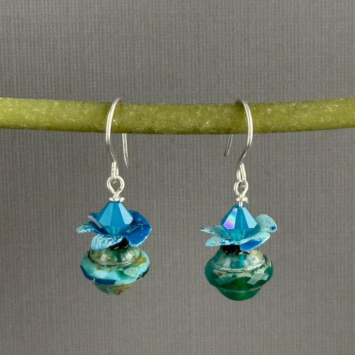 Blue Czech Glass Saturn Beads with Swarovski Crystals in Sterling Silver